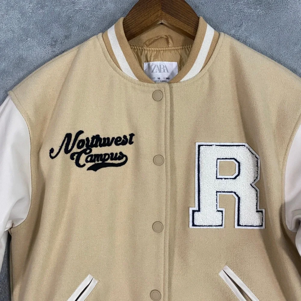 Zara Varsity Jacket Kids Size 10 Tan Northwest Campus Letterman‎ Bomber Jacket
